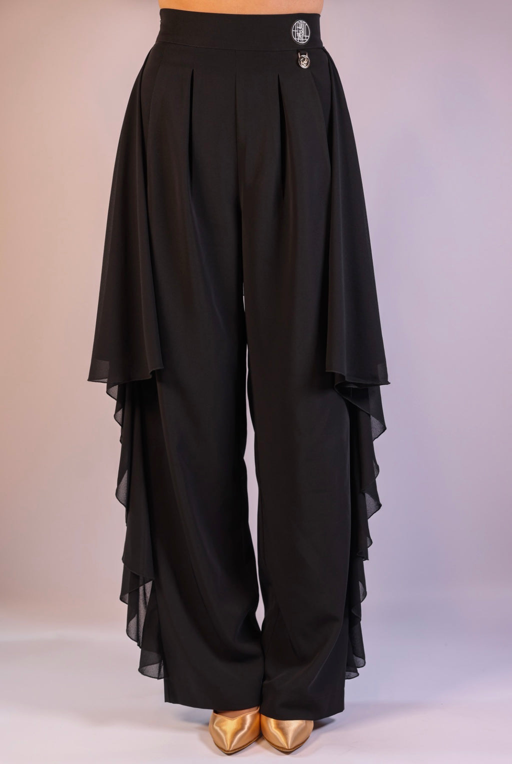 Chiffon-Overlay Tailored Trousers - Midnight Black
