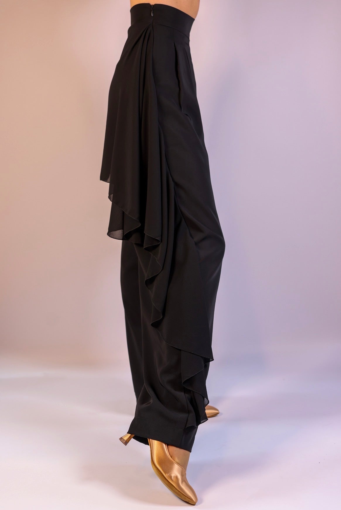 Chiffon-Overlay Tailored Trousers - Midnight Black