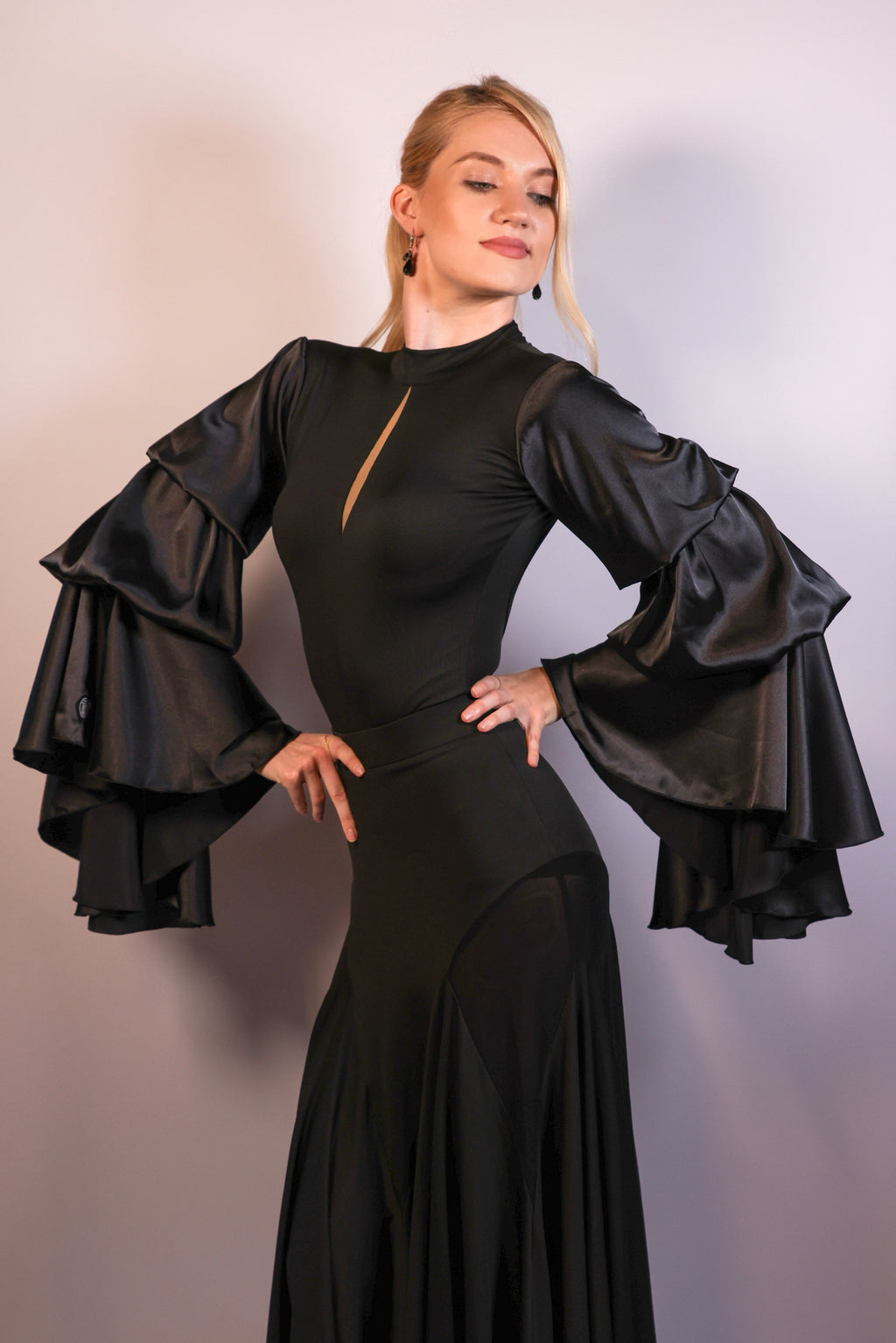 Keyhole Bodysuit with Satin Sleeves - Midnight Black
