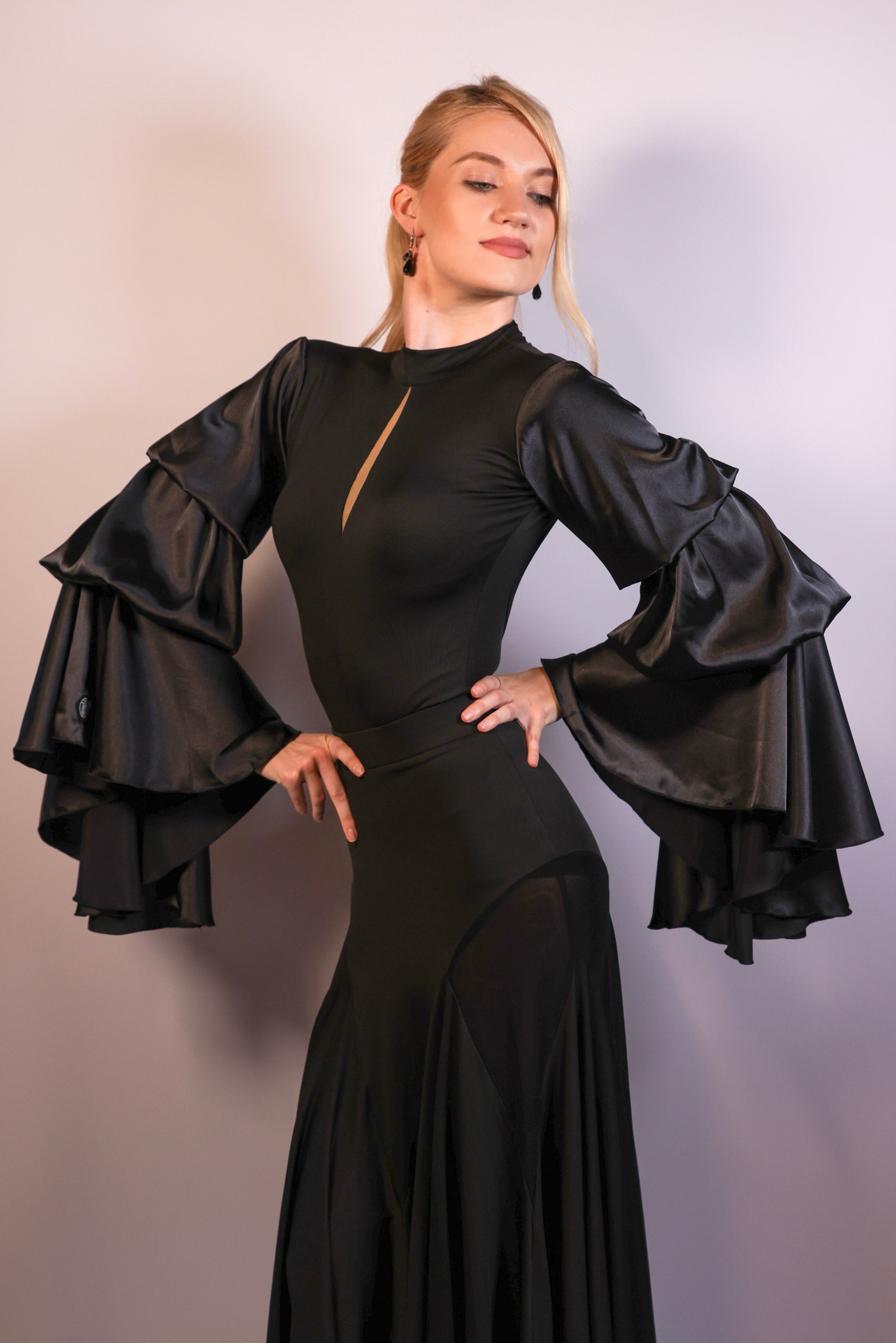 Keyhole Bodysuit with Satin Sleeves - Midnight Black