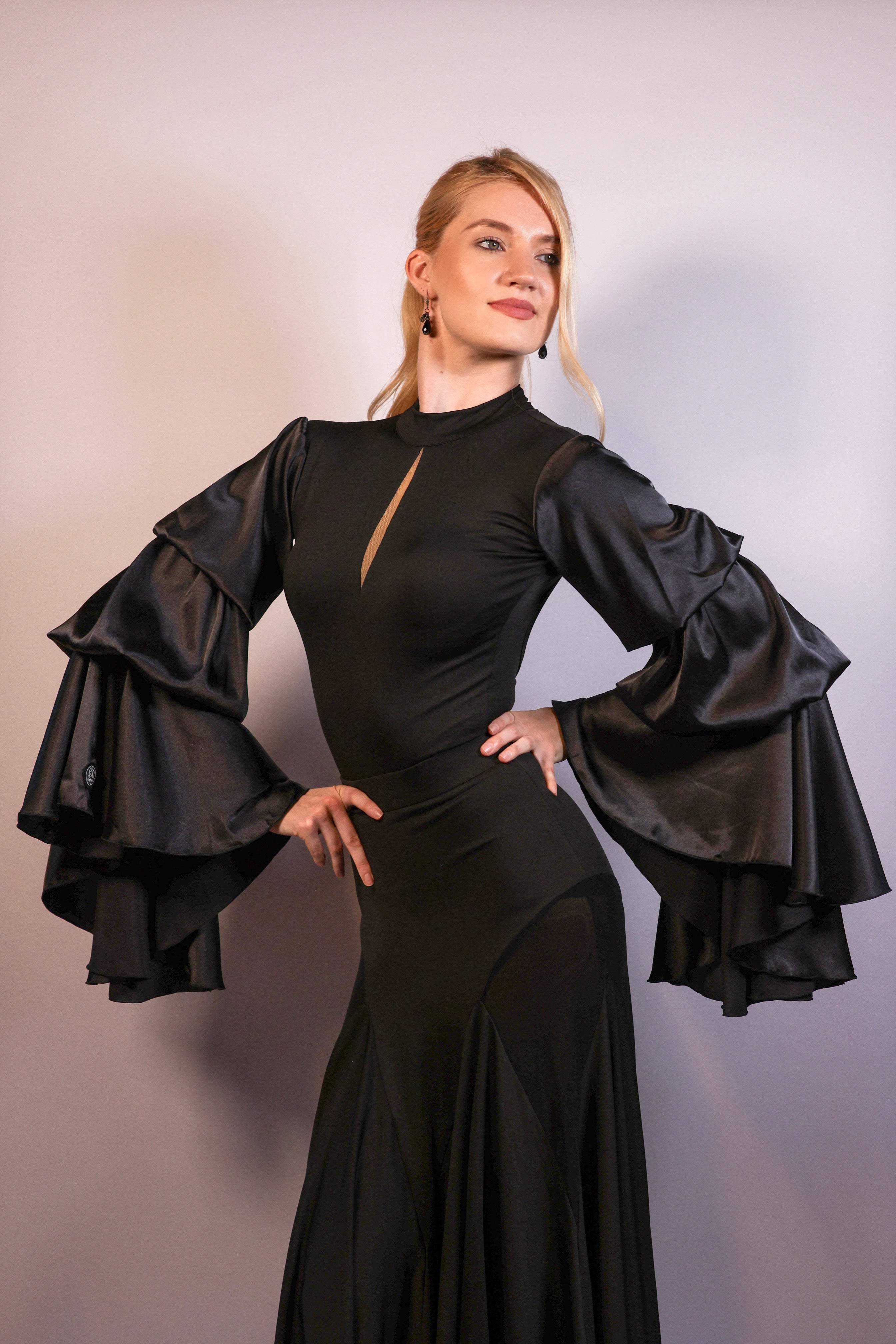 Keyhole Bodysuit with Satin Sleeves - Midnight Black