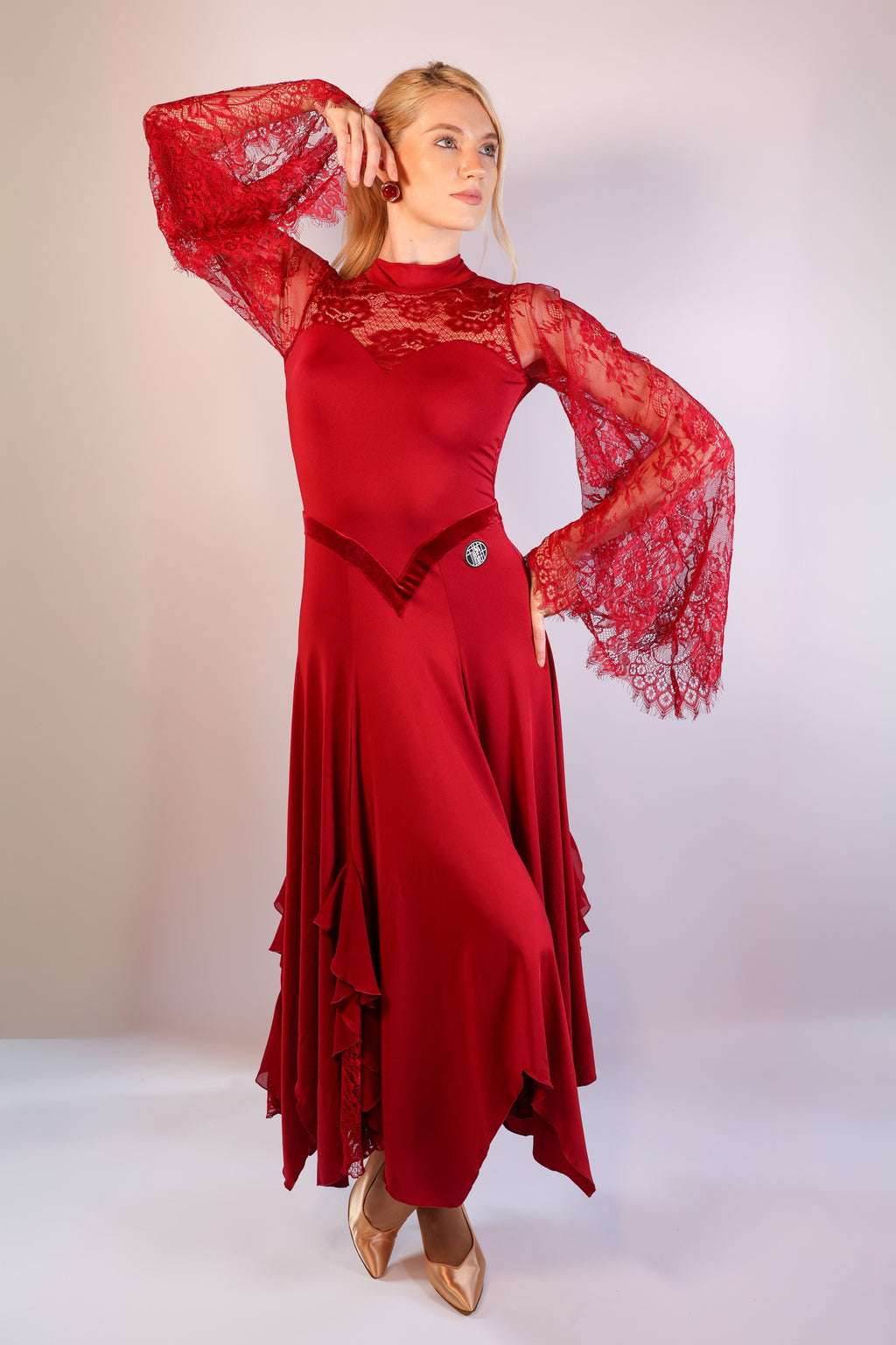 High-Neck Lace Dress - Burgundy