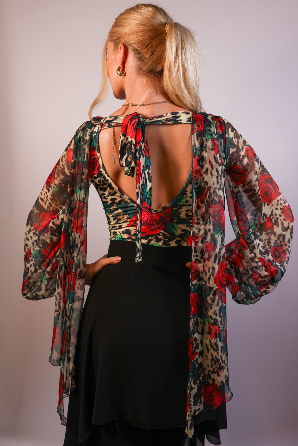 Chiffon-Overlay Leopard Rose Bodysuit