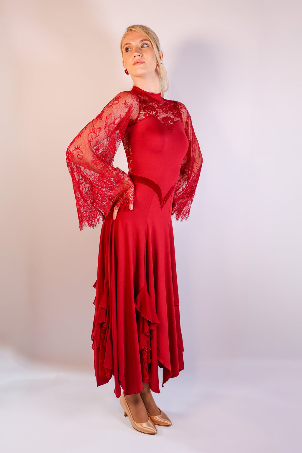 High-Neck Lace Dress - Burgundy