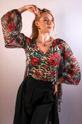 Chiffon-Overlay Leopard Rose Bodysuit