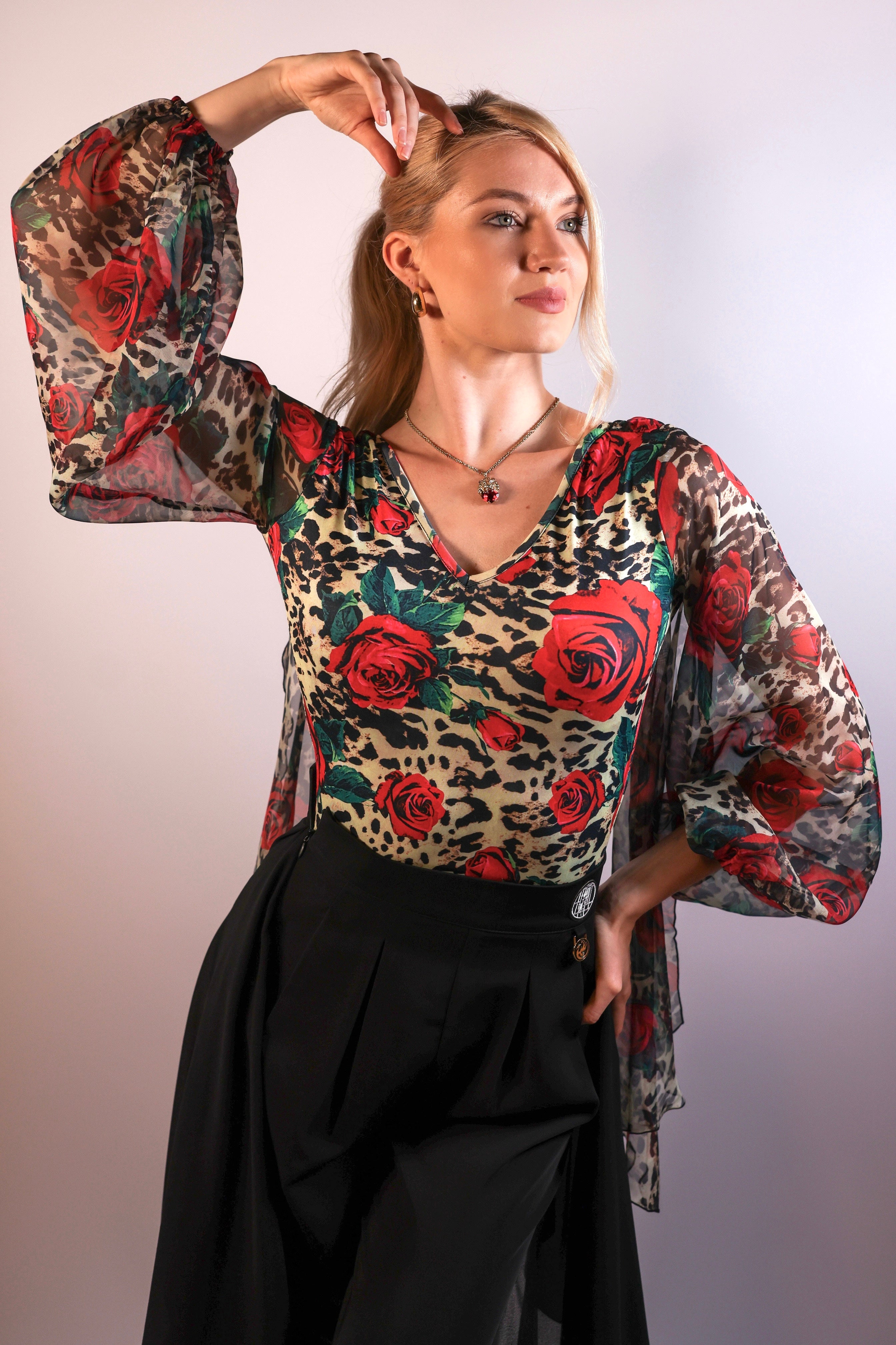 Chiffon-Overlay Leopard Rose Bodysuit