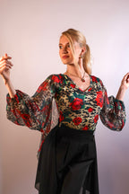 Chiffon-Overlay Leopard Rose Bodysuit