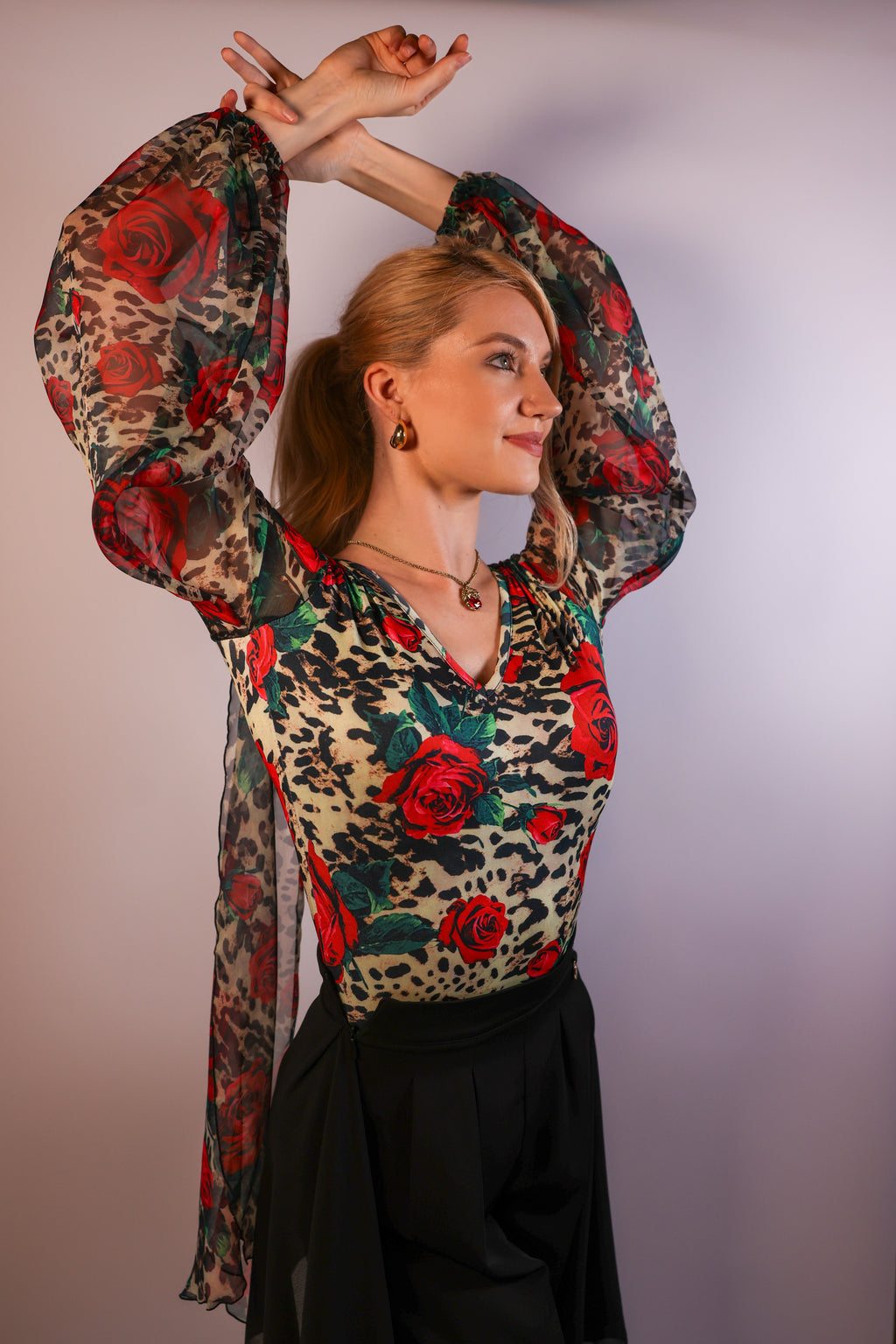 Chiffon-Overlay Leopard Rose Bodysuit