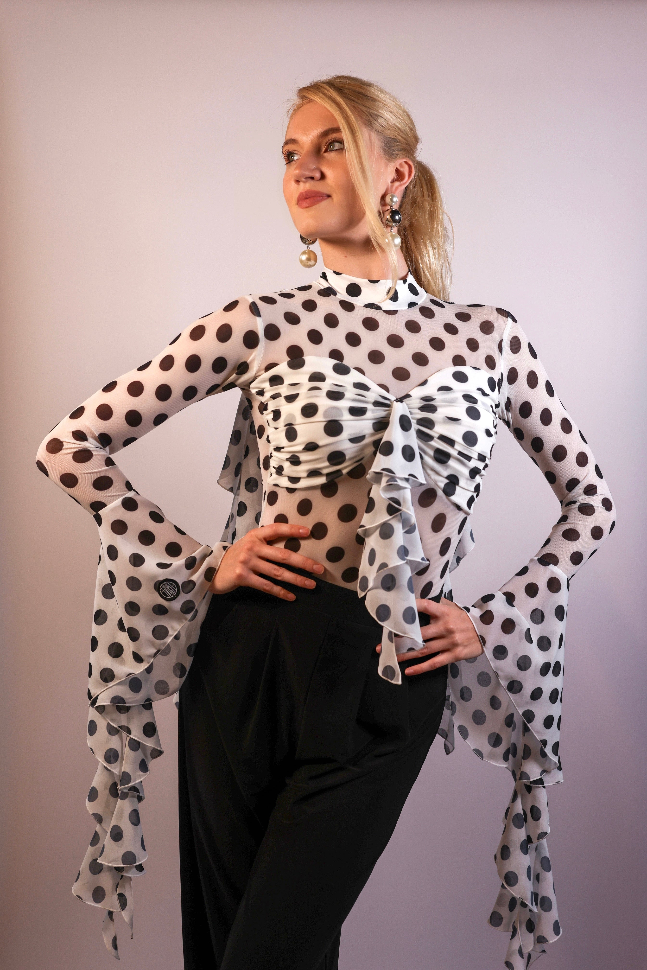 Flared Sleeve Mesh Bodysuit - Polka Dot