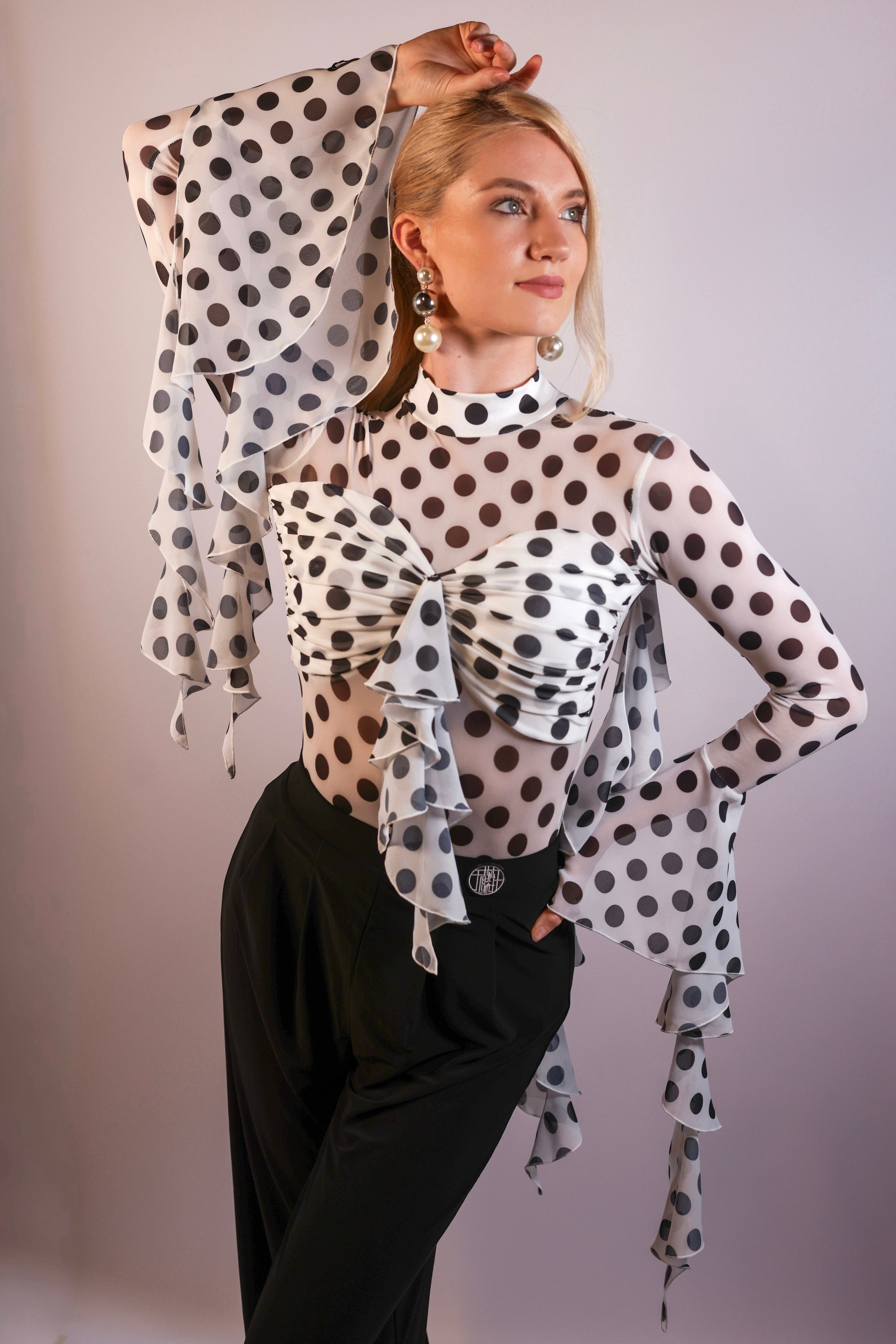 Flared Sleeve Mesh Bodysuit - Polka Dot