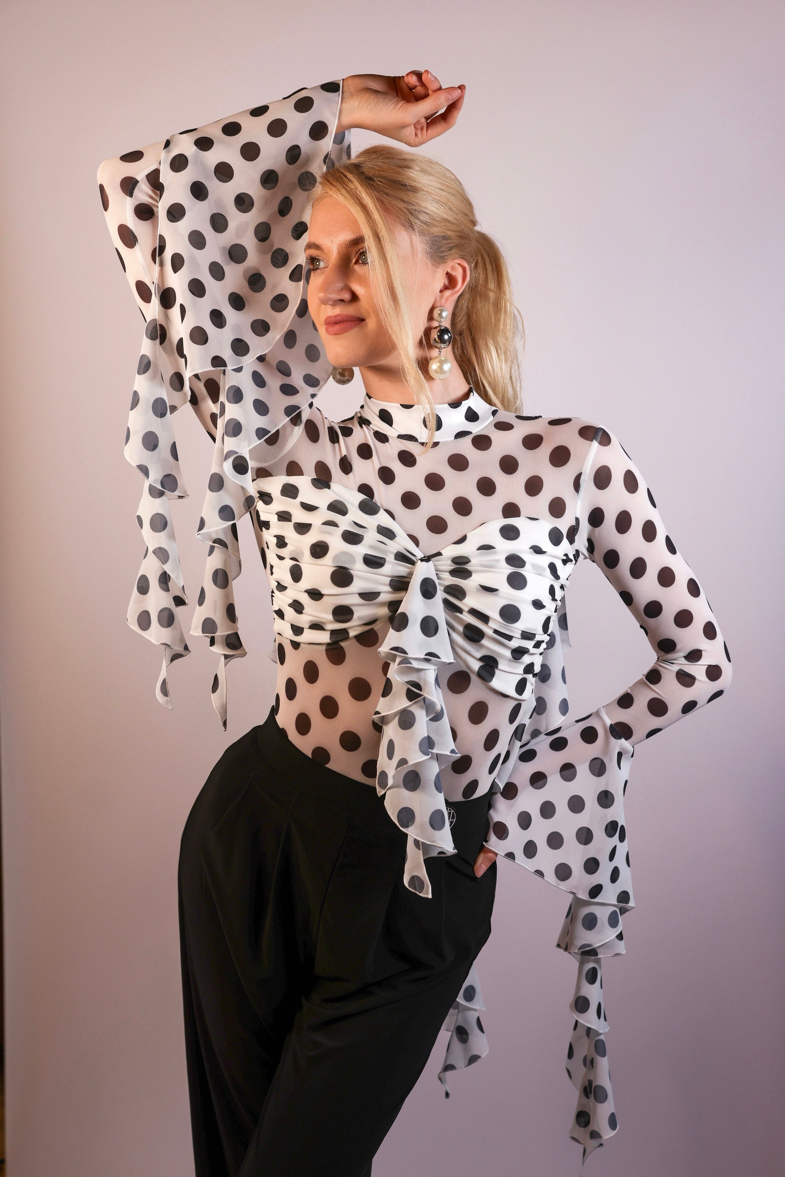 Flared Sleeve Mesh Bodysuit - Polka Dot