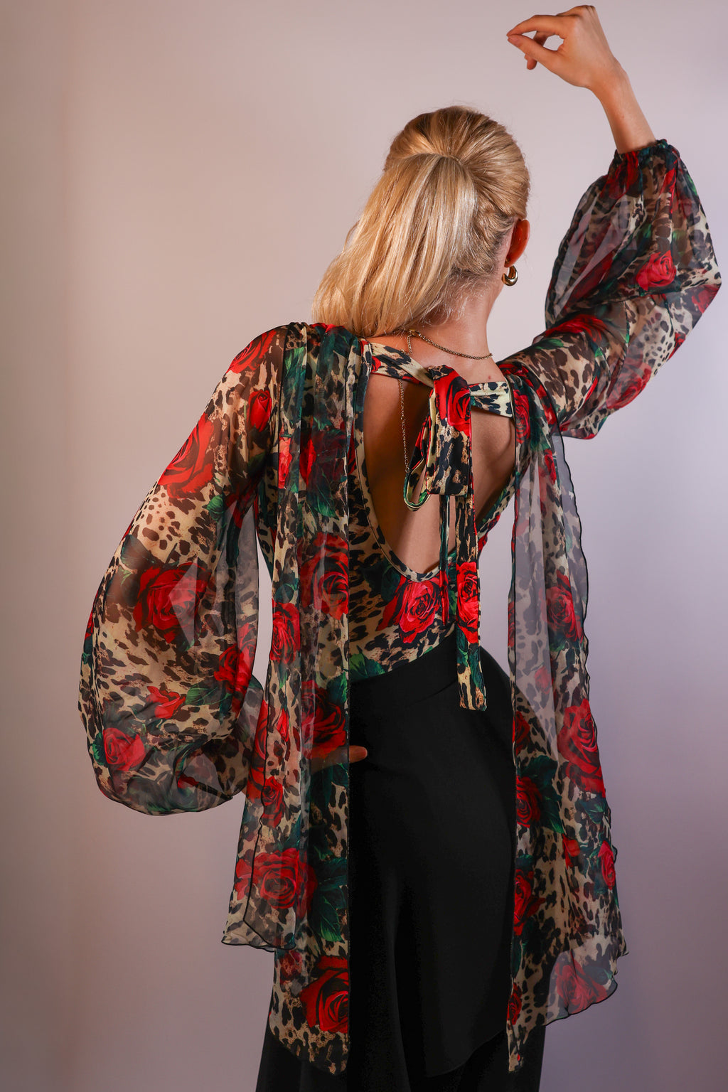 Chiffon-Overlay Leopard Rose Bodysuit