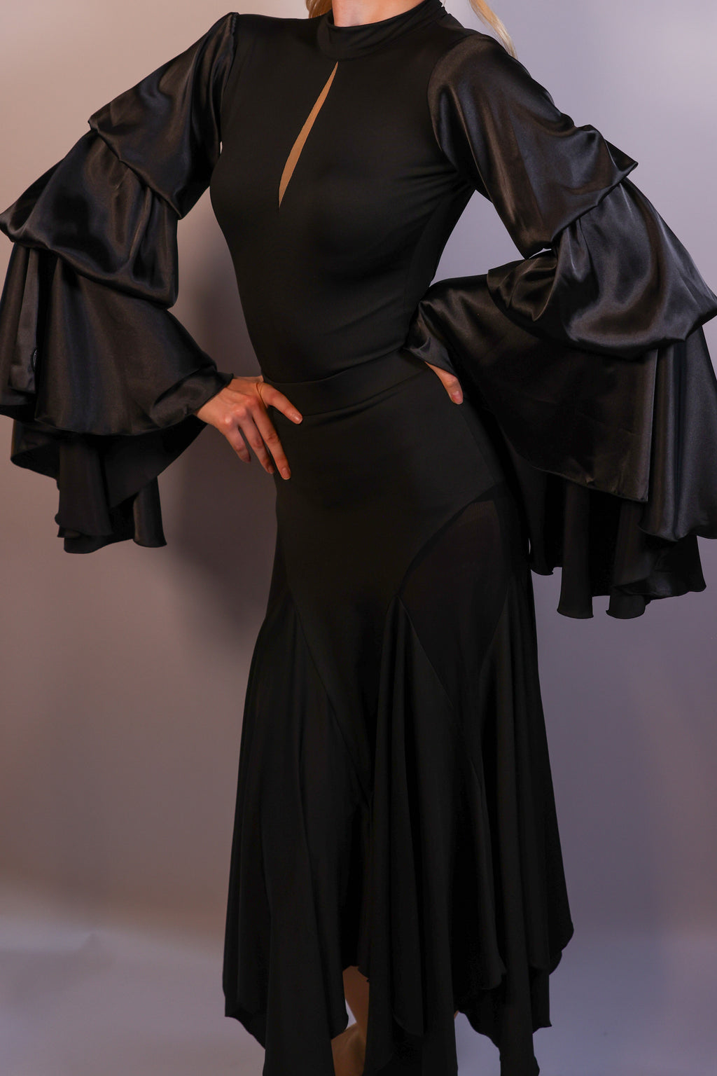Keyhole Bodysuit with Satin Sleeves - Midnight Black