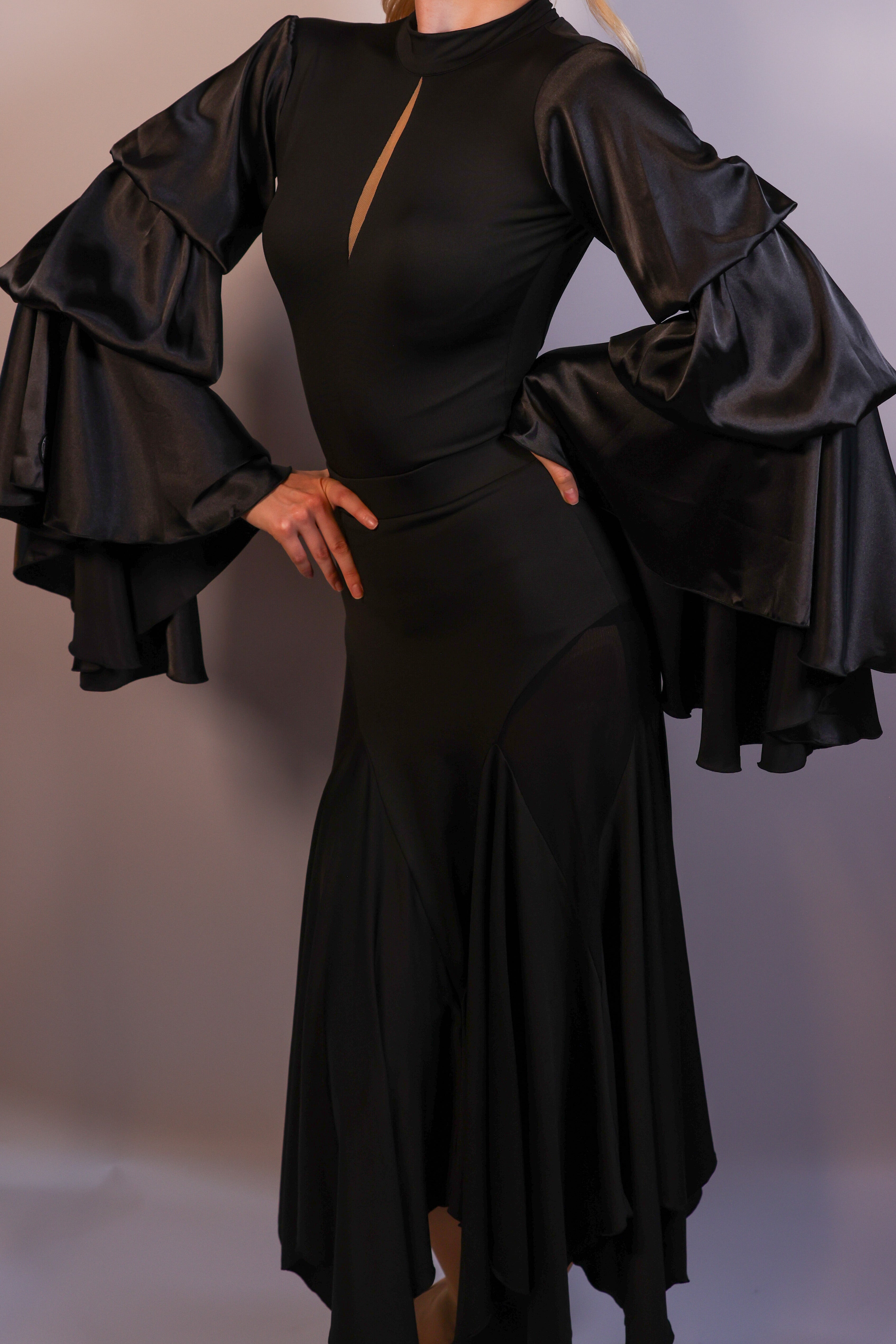 Keyhole Bodysuit with Satin Sleeves - Midnight Black